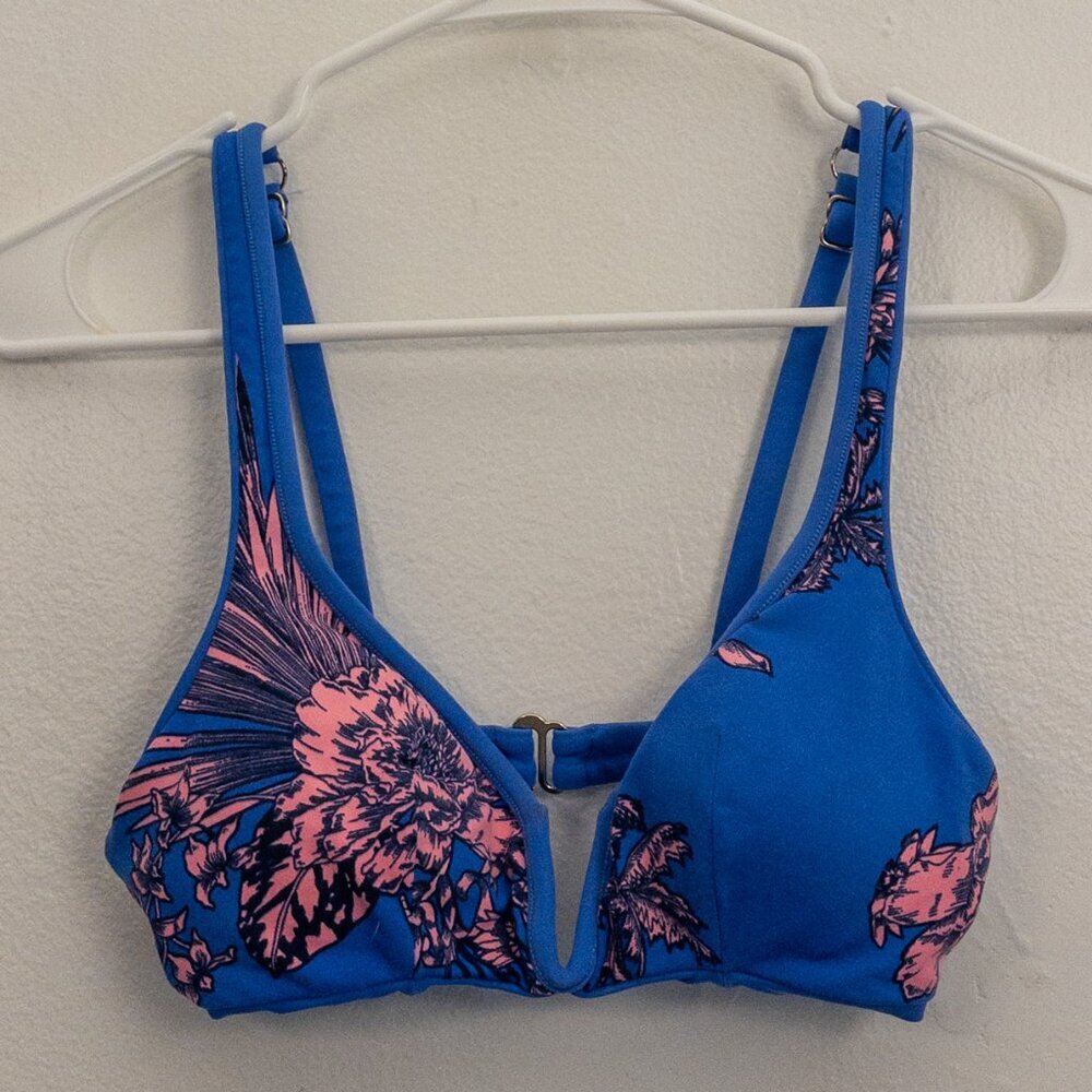 Blue Floral Bikini Top Underwire Swim Top Adjustable Straps Beach Swimwear